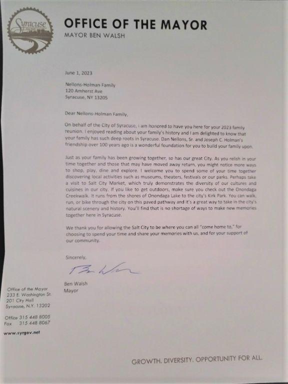 Welcome Letter from Mayor Walsh, City of Syracuse